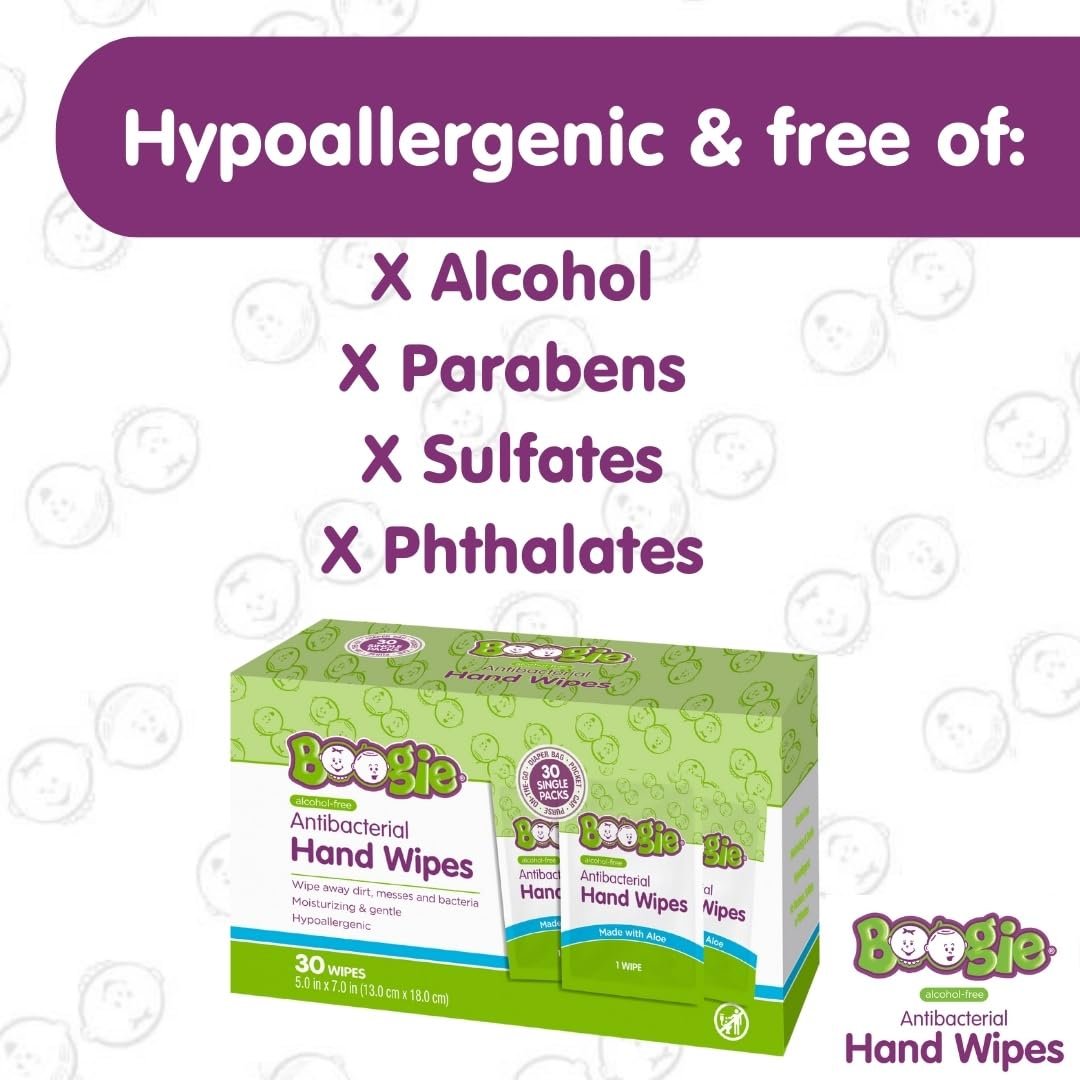 Boogie Antibakterielle Handtücher ohne Alkohol, hypoallergen mit feuchtigkeitsspendender Aloe, für Kinder und Erwachsene - 30 Tücher (2er-Pack)