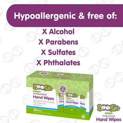 Boogie Antibakterielle Handtücher ohne Alkohol, hypoallergen mit feuchtigkeitsspendender Aloe, für Kinder und Erwachsene - 30 Tücher (2er-Pack)
