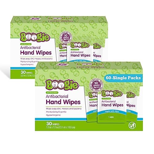 Boogie Antibakterielle Handtücher ohne Alkohol, hypoallergen mit feuchtigkeitsspendender Aloe, für Kinder und Erwachsene - 30 Tücher (2er-Pack)