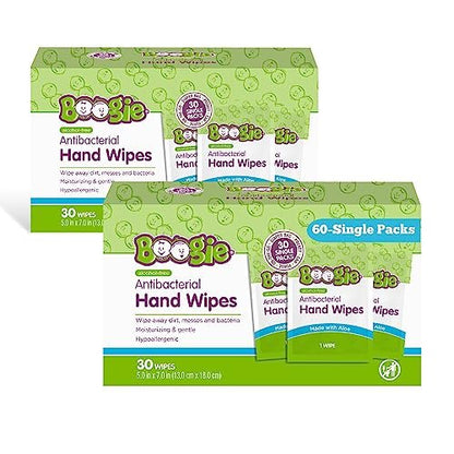 Boogie Antibakterielle Handtücher ohne Alkohol, hypoallergen mit feuchtigkeitsspendender Aloe, für Kinder und Erwachsene - 30 Tücher (2er-Pack)