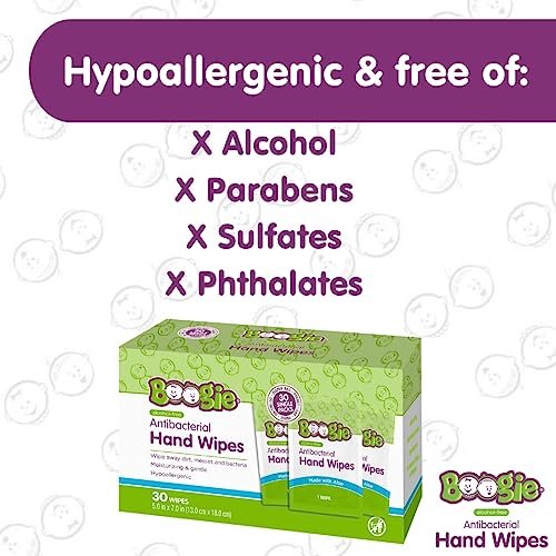 Boogie Antibakterielle Handtücher ohne Alkohol, hypoallergen mit feuchtigkeitsspendender Aloe, für Kinder und Erwachsene - 30 Tücher (2er-Pack)