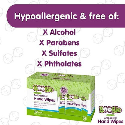 Boogie Antibakterielle Handtücher ohne Alkohol, hypoallergen mit feuchtigkeitsspendender Aloe, für Kinder und Erwachsene - 30 Tücher (2er-Pack)