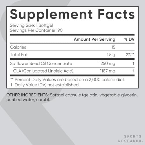 Sports Research CLA 1250 mg – Aktive Konjugierte Linolsäure für Männer und Frauen | Non-GMO, Soja- & Glutenfrei – 95% Reinheit (90 Weichkapseln)