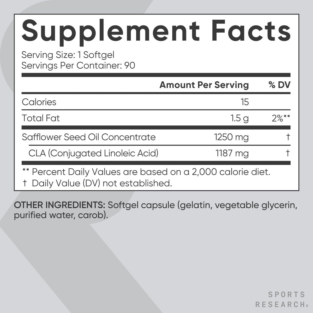 Sports Research CLA 1250 mg – Aktive Konjugierte Linolsäure für Männer und Frauen | Non-GMO, Soja- & Glutenfrei – 95% Reinheit (90 Weichkapseln)