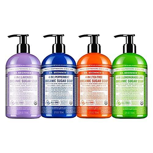 Dr. Bronner's - Bio-Zuckerseife im Sortiment (12 oz) Lavendel, Pfefferminz, Teebaum & Zitronengras - 4-in-1 für Hände, Gesicht, Körper & Haare - 4er-Pack