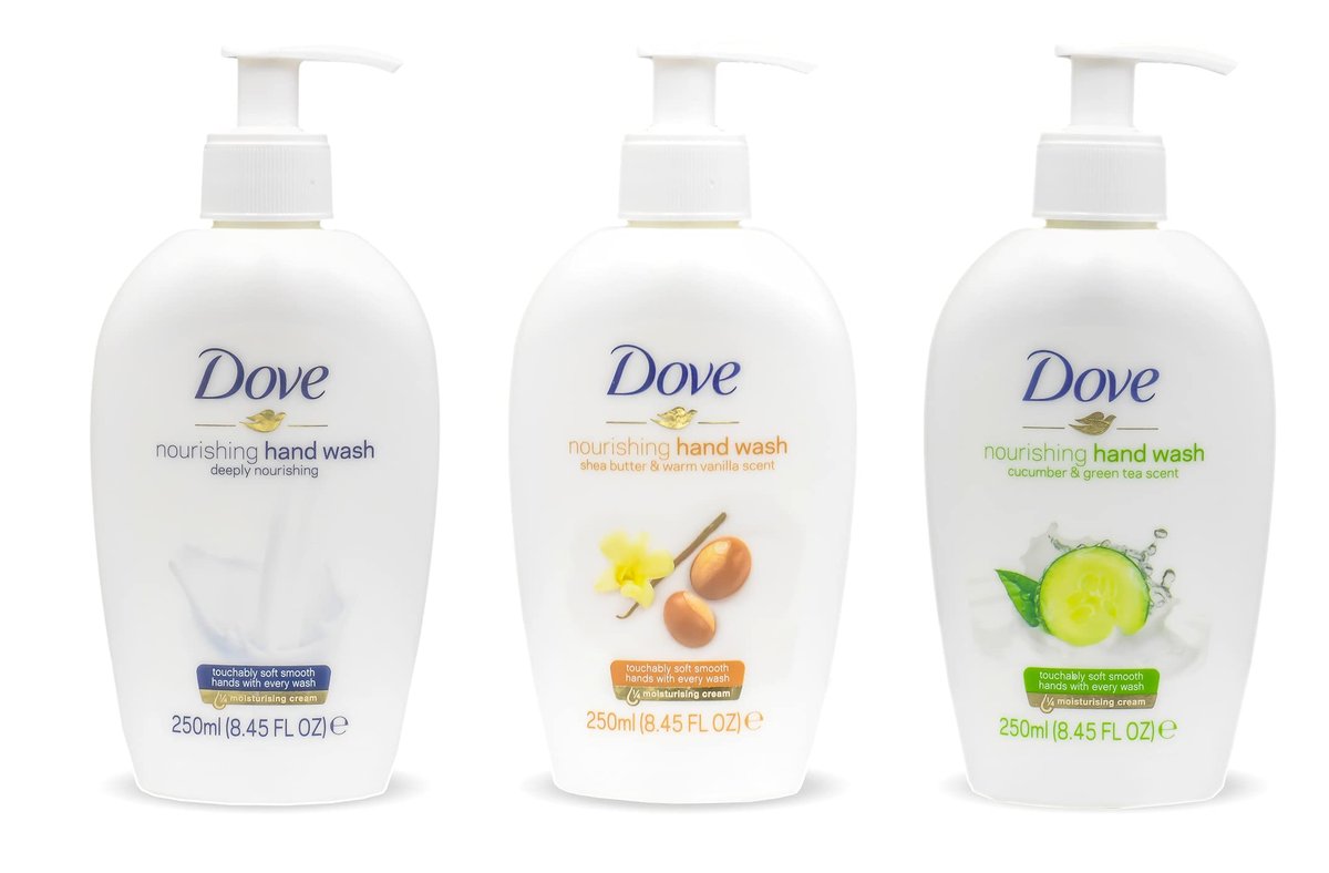 Dove Pflegende Handseife im Dreierpack – Tiefenpflege, Shea Butter & Warme Vanille, Gurke & Grüner Tee – 250 ml (8,45 fl. oz.) pro Flasche