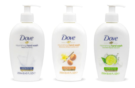 Dove Pflegende Handseife im Dreierpack – Tiefenpflege, Shea Butter & Warme Vanille, Gurke & Grüner Tee – 250 ml (8,45 fl. oz.) pro Flasche