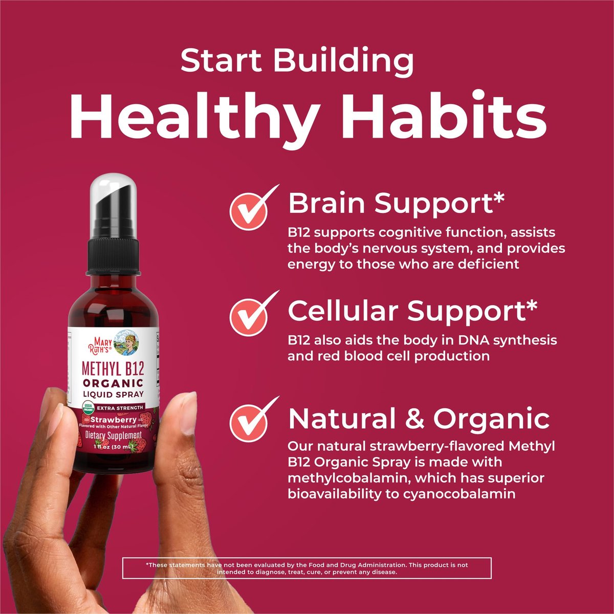 MARYRUTH'S Vitamin B12 Liquid Spray | Vegan, Non-GMO, Glutenfrei | USDA Bio-Ergänzung | Energie- und Nervensystemunterstützung | B12 Vitamine für Frauen & Männer | 720 mcg | 30 ml