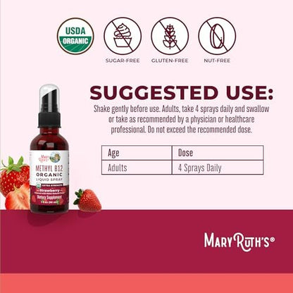 MARYRUTH'S Vitamin B12 Liquid Spray | Vegan, Non-GMO, Glutenfrei | USDA Bio-Ergänzung | Energie- und Nervensystemunterstützung | B12 Vitamine für Frauen & Männer | 720 mcg | 30 ml