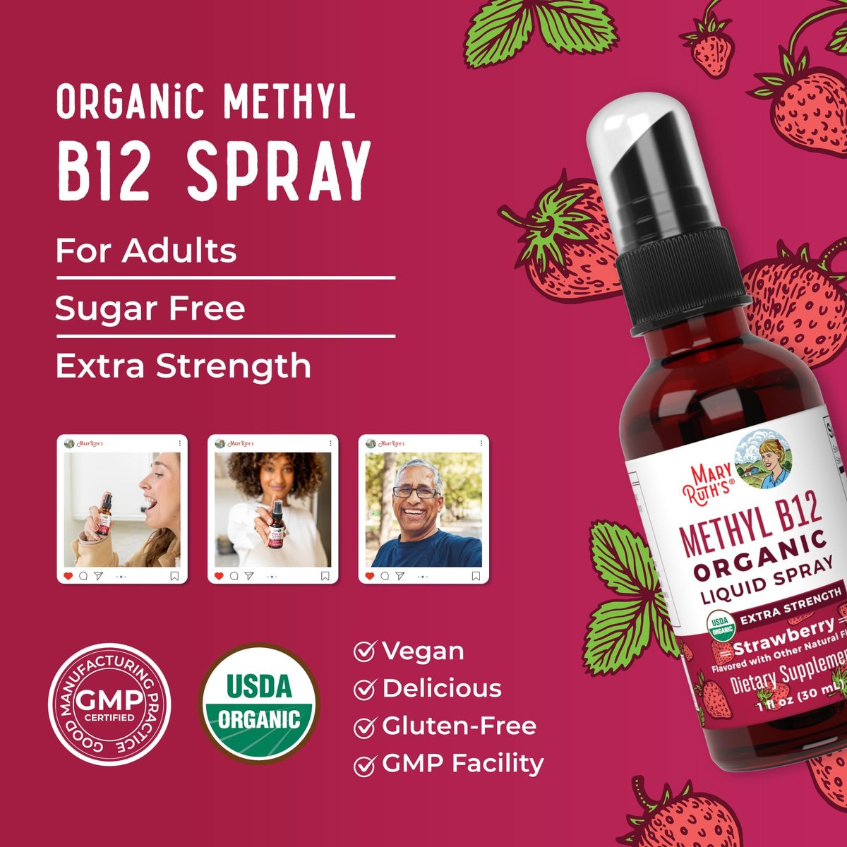 MARYRUTH'S Vitamin B12 Liquid Spray | Vegan, Non-GMO, Glutenfrei | USDA Bio-Ergänzung | Energie- und Nervensystemunterstützung | B12 Vitamine für Frauen & Männer | 720 mcg | 30 ml