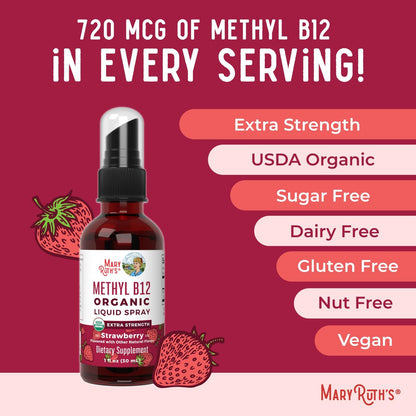 MARYRUTH'S Vitamin B12 Liquid Spray | Vegan, Non-GMO, Glutenfrei | USDA Bio-Ergänzung | Energie- und Nervensystemunterstützung | B12 Vitamine für Frauen & Männer | 720 mcg | 30 ml