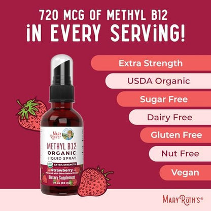 MARYRUTH'S Vitamin B12 Liquid Spray | Vegan, Non-GMO, Glutenfrei | USDA Bio-Ergänzung | Energie- und Nervensystemunterstützung | B12 Vitamine für Frauen & Männer | 720 mcg | 30 ml