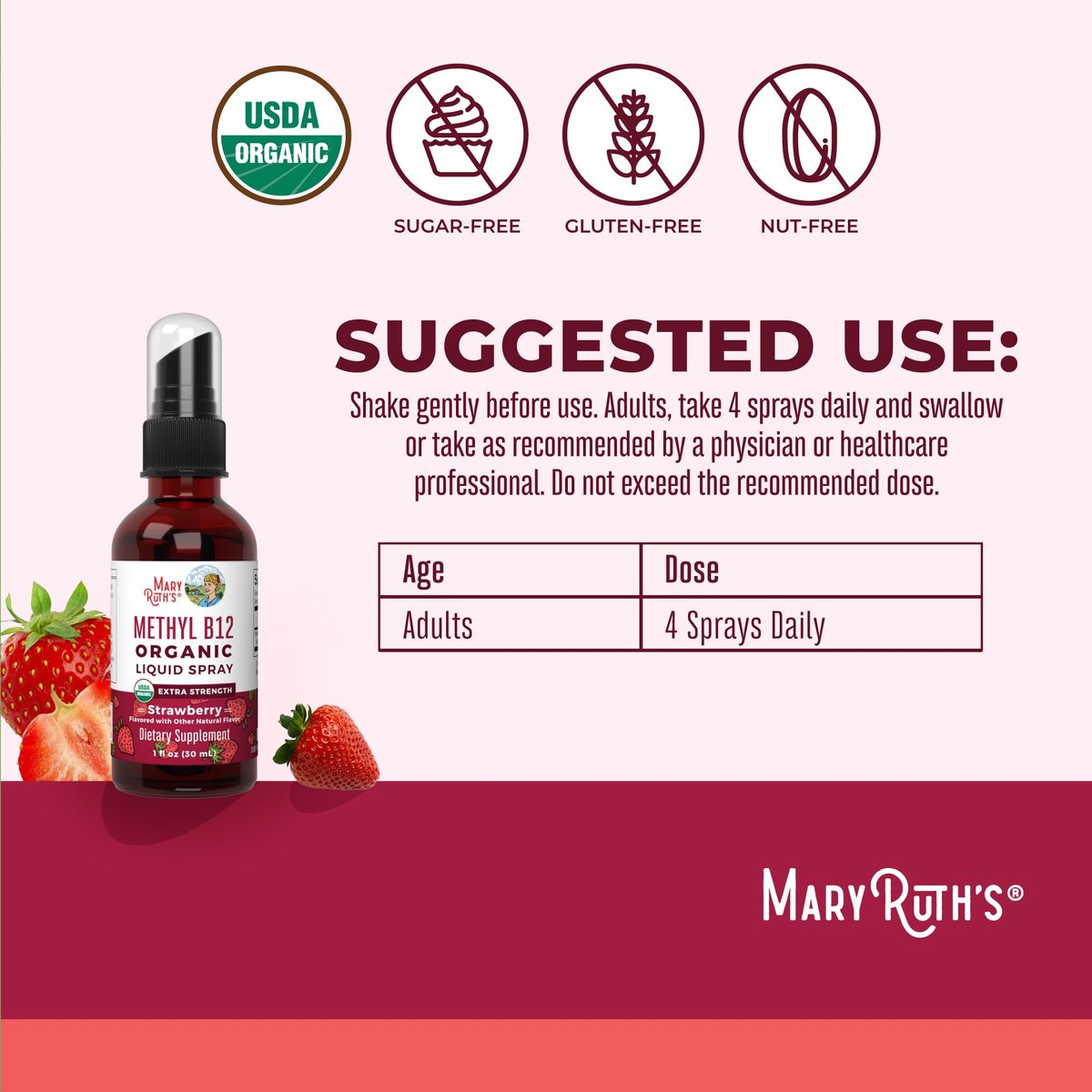 MARYRUTH'S Vitamin B12 Liquid Spray | Vegan, Non-GMO, Glutenfrei | USDA Bio-Ergänzung | Energie- und Nervensystemunterstützung | B12 Vitamine für Frauen & Männer | 720 mcg | 30 ml