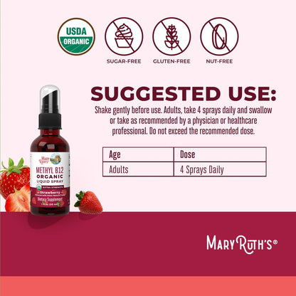 MARYRUTH'S Vitamin B12 Liquid Spray | Vegan, Non-GMO, Glutenfrei | USDA Bio-Ergänzung | Energie- und Nervensystemunterstützung | B12 Vitamine für Frauen & Männer | 720 mcg | 30 ml