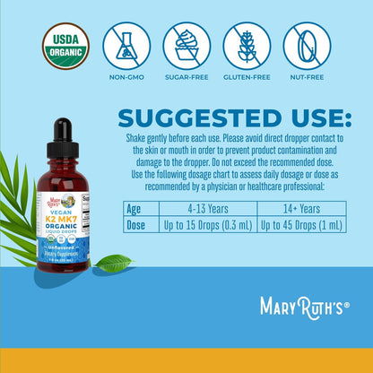 MaryRuth’s USDA Bio Vitamin K2 MK7 Flüssig Tropfen für Erwachsene & Kinder | Aus Natto gewonnen | Menaquinon-7 | Vegan K2 Vitamin für Knochengesundheit & Kalziumaufnahme | 30 ml | Bis zu 90 Portionen