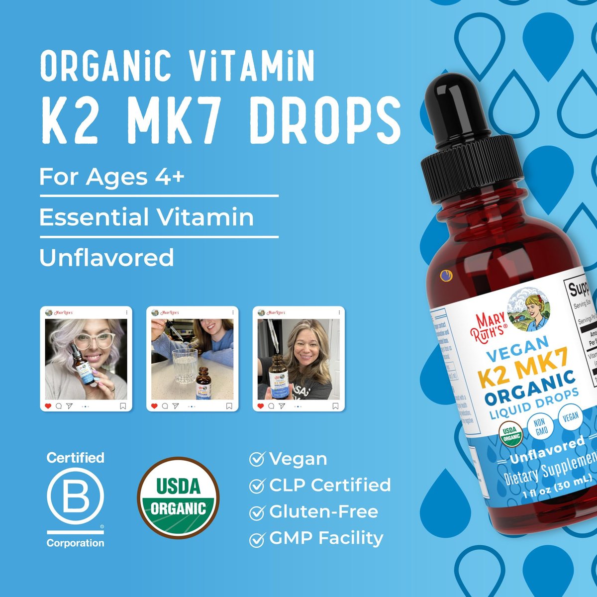 MaryRuth’s USDA Bio Vitamin K2 MK7 Flüssig Tropfen für Erwachsene & Kinder | Aus Natto gewonnen | Menaquinon-7 | Vegan K2 Vitamin für Knochengesundheit & Kalziumaufnahme | 30 ml | Bis zu 90 Portionen