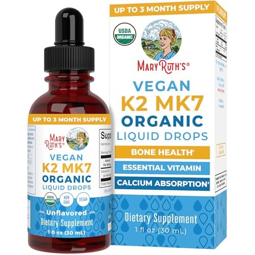 MaryRuth’s USDA Bio Vitamin K2 MK7 Flüssig Tropfen für Erwachsene & Kinder | Aus Natto gewonnen | Menaquinon-7 | Vegan K2 Vitamin für Knochengesundheit & Kalziumaufnahme | 30 ml | Bis zu 90 Portionen