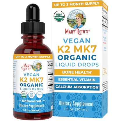 MaryRuth’s USDA Bio Vitamin K2 MK7 Flüssig Tropfen für Erwachsene & Kinder | Aus Natto gewonnen | Menaquinon-7 | Vegan K2 Vitamin für Knochengesundheit & Kalziumaufnahme | 30 ml | Bis zu 90 Portionen