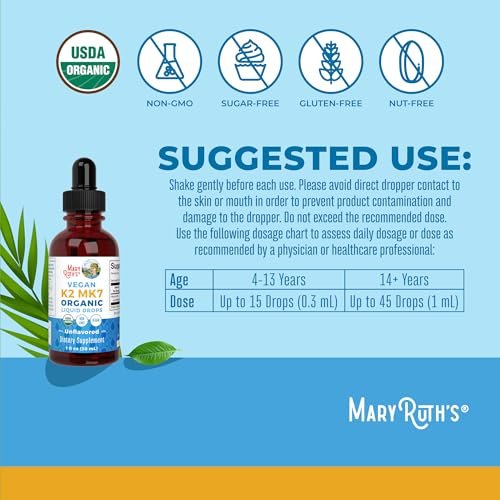 MaryRuth’s USDA Bio Vitamin K2 MK7 Flüssig Tropfen für Erwachsene & Kinder | Aus Natto gewonnen | Menaquinon-7 | Vegan K2 Vitamin für Knochengesundheit & Kalziumaufnahme | 30 ml | Bis zu 90 Portionen