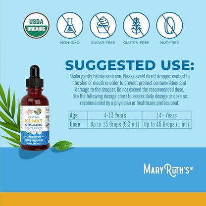 MaryRuth’s USDA Bio Vitamin K2 MK7 Flüssig Tropfen für Erwachsene & Kinder | Aus Natto gewonnen | Menaquinon-7 | Vegan K2 Vitamin für Knochengesundheit & Kalziumaufnahme | 30 ml | Bis zu 90 Portionen