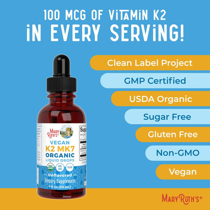 MaryRuth’s USDA Bio Vitamin K2 MK7 Flüssig Tropfen für Erwachsene & Kinder | Aus Natto gewonnen | Menaquinon-7 | Vegan K2 Vitamin für Knochengesundheit & Kalziumaufnahme | 30 ml | Bis zu 90 Portionen