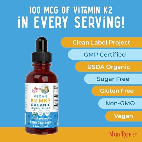 MaryRuth’s USDA Bio Vitamin K2 MK7 Flüssig Tropfen für Erwachsene & Kinder | Aus Natto gewonnen | Menaquinon-7 | Vegan K2 Vitamin für Knochengesundheit & Kalziumaufnahme | 30 ml | Bis zu 90 Portionen
