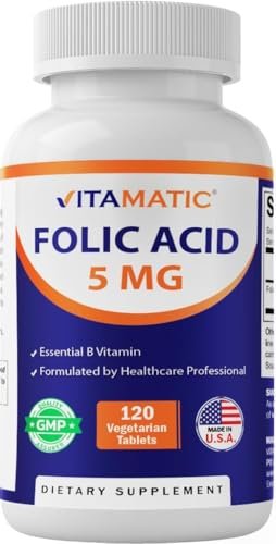 Vitamatic Folsäure 5 mg (5000 mcg) – 120 vegetarische Tabletten, hochdosiertes Vitamin B9 (Folat) für Zellgesundheit, Herzunterstützung & Schwangerschaftsvorsorge