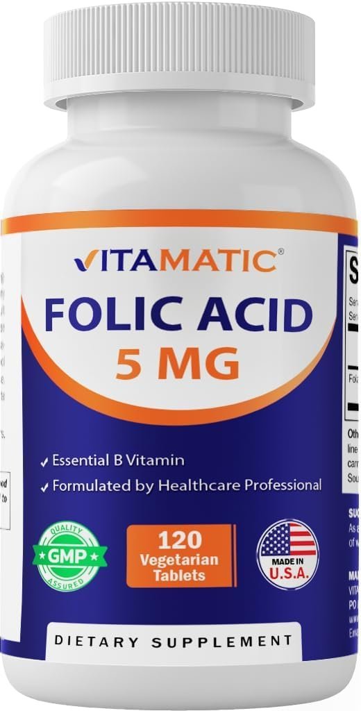 Vitamatic Folsäure 5 mg (5000 mcg) – 120 vegetarische Tabletten, hochdosiertes Vitamin B9 (Folat) für Zellgesundheit, Herzunterstützung & Schwangerschaftsvorsorge
