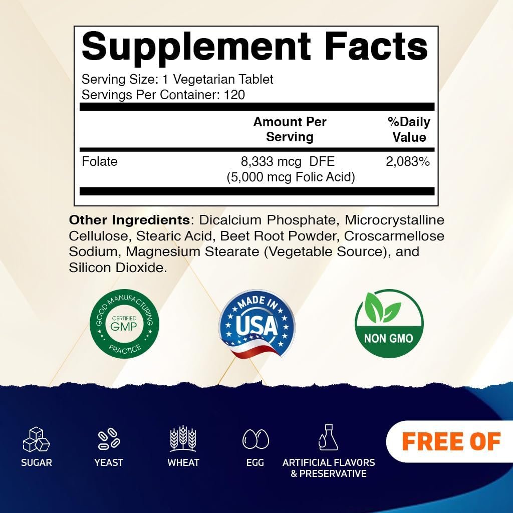 Vitamatic Folsäure 5 mg (5000 mcg) – 120 vegetarische Tabletten, hochdosiertes Vitamin B9 (Folat) für Zellgesundheit, Herzunterstützung & Schwangerschaftsvorsorge