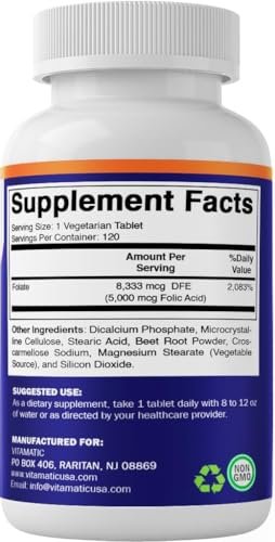 Vitamatic Folsäure 5 mg (5000 mcg) – 120 vegetarische Tabletten, hochdosiertes Vitamin B9 (Folat) für Zellgesundheit, Herzunterstützung & Schwangerschaftsvorsorge