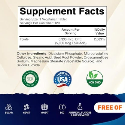 Vitamatic Folsäure 5 mg (5000 mcg) – 120 vegetarische Tabletten, hochdosiertes Vitamin B9 (Folat) für Zellgesundheit, Herzunterstützung & Schwangerschaftsvorsorge