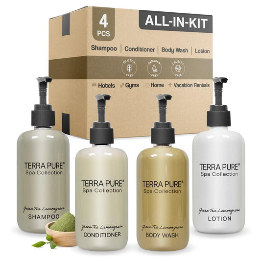 Terra Pure Spa Collection Amenities Set - 4-teiliges Pflegeset mit Pumpspendern (Shampoo, Conditioner, Hand-/Körperwäsche, Lotion) à 10,14 oz