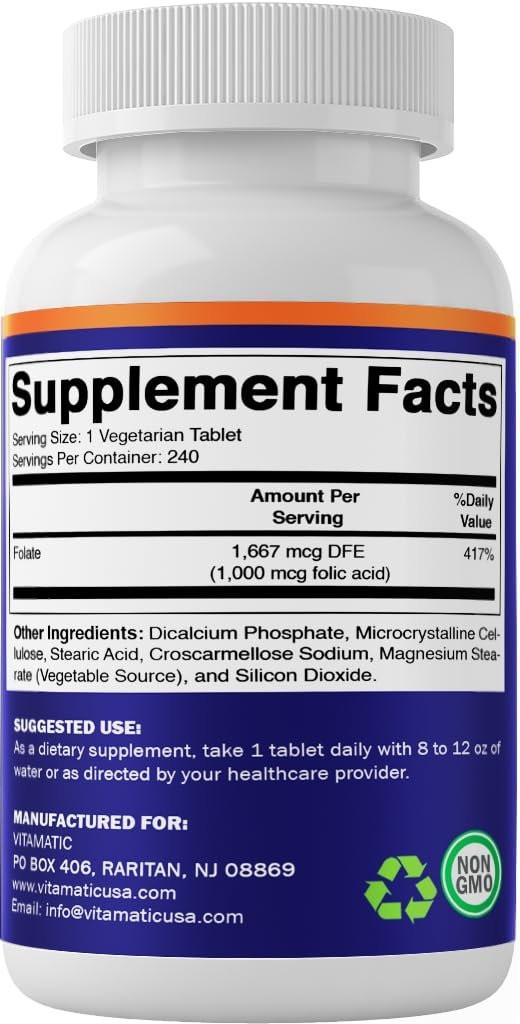Vitamatic Folsäure 1000 mcg (1 mg) - Vegetarische Tabletten - 1667 mcg DFE - Vitamin B9 (240 Tabletten)