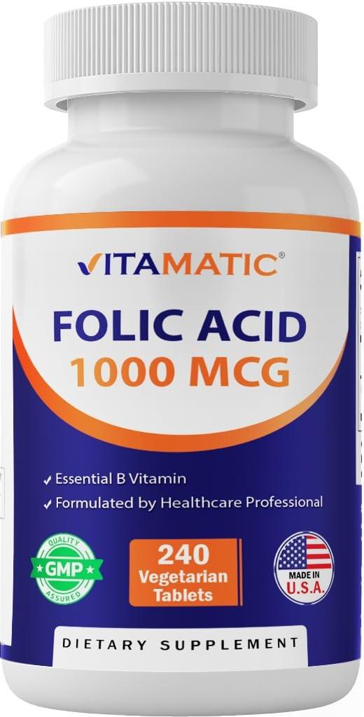 Vitamatic Folsäure 1000 mcg (1 mg) - Vegetarische Tabletten - 1667 mcg DFE - Vitamin B9 (240 Tabletten)