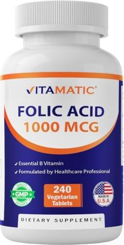 Vitamatic Folsäure 1000 mcg (1 mg) - Vegetarische Tabletten - 1667 mcg DFE - Vitamin B9 (240 Tabletten)