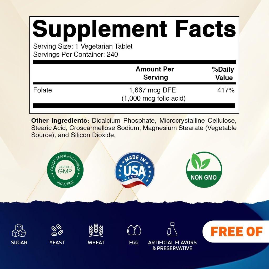 Vitamatic Folsäure 1000 mcg (1 mg) - Vegetarische Tabletten - 1667 mcg DFE - Vitamin B9 (240 Tabletten)