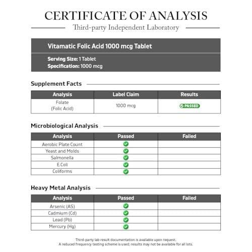 Vitamatic Folsäure 1000 mcg (1 mg) - Vegetarische Tabletten - 1667 mcg DFE - Vitamin B9 (240 Tabletten)