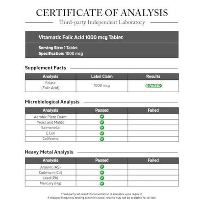 Vitamatic Folsäure 1000 mcg (1 mg) - Vegetarische Tabletten - 1667 mcg DFE - Vitamin B9 (240 Tabletten)
