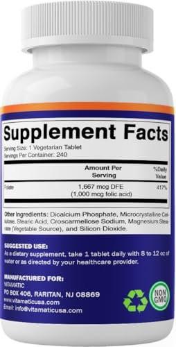 Vitamatic Folsäure 1000 mcg (1 mg) - Vegetarische Tabletten - 1667 mcg DFE - Vitamin B9 (240 Tabletten)