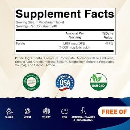 Vitamatic Folsäure 1000 mcg (1 mg) - Vegetarische Tabletten - 1667 mcg DFE - Vitamin B9 (240 Tabletten)