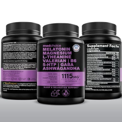 12-in-1 Melatonin Schlafkapseln - Natürliche Schlafhilfe für Erwachsene mit Melatonin 5mg und Magnesiumglycinat 500mg, Schlafmittel mit Ashwagandha, L-Theanin, Baldrianwurzel, GABA, 5-HTP (90 Kapseln, Packung mit 1)