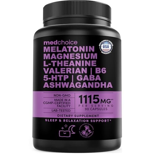 12-in-1 Melatonin Schlafkapseln - Natürliche Schlafhilfe für Erwachsene mit Melatonin 5mg und Magnesiumglycinat 500mg, Schlafmittel mit Ashwagandha, L-Theanin, Baldrianwurzel, GABA, 5-HTP (90 Kapseln, Packung mit 1)