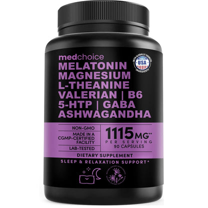 12-in-1 Melatonin Schlafkapseln - Natürliche Schlafhilfe für Erwachsene mit Melatonin 5mg und Magnesiumglycinat 500mg, Schlafmittel mit Ashwagandha, L-Theanin, Baldrianwurzel, GABA, 5-HTP (90 Kapseln, Packung mit 1)