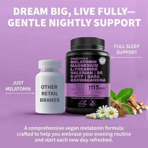12-in-1 Melatonin Schlafkapseln - Natürliche Schlafhilfe für Erwachsene mit Melatonin 5mg und Magnesiumglycinat 500mg, Schlafmittel mit Ashwagandha, L-Theanin, Baldrianwurzel, GABA, 5-HTP (90 Kapseln, Packung mit 1)