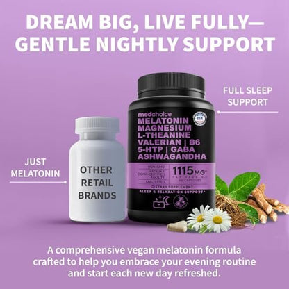 12-in-1 Melatonin Schlafkapseln - Natürliche Schlafhilfe für Erwachsene mit Melatonin 5mg und Magnesiumglycinat 500mg, Schlafmittel mit Ashwagandha, L-Theanin, Baldrianwurzel, GABA, 5-HTP (90 Kapseln, Packung mit 1)