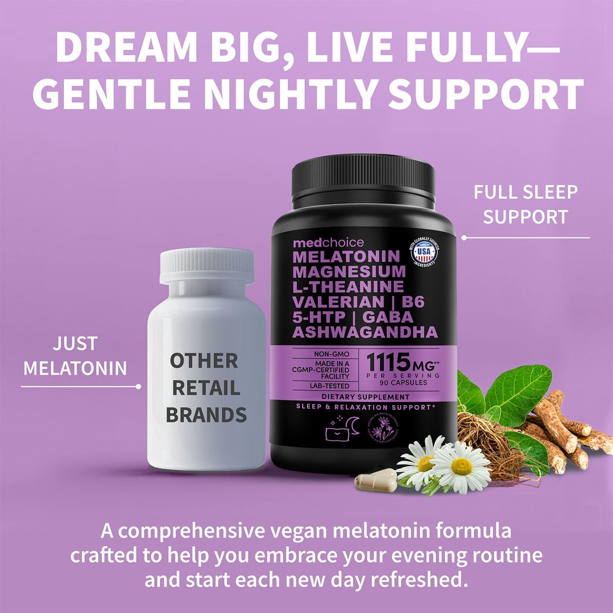 12-in-1 Melatonin Schlafkapseln - Natürliche Schlafhilfe für Erwachsene mit Melatonin 5mg und Magnesiumglycinat 500mg, Schlafmittel mit Ashwagandha, L-Theanin, Baldrianwurzel, GABA, 5-HTP (90 Kapseln, Packung mit 1)