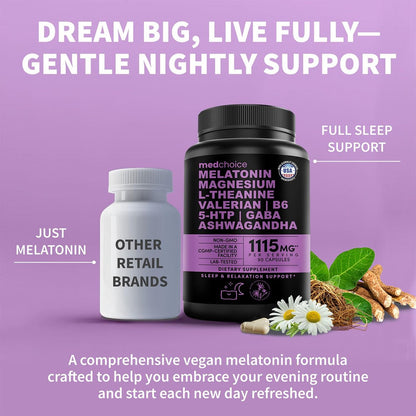 12-in-1 Melatonin Schlafkapseln - Natürliche Schlafhilfe für Erwachsene mit Melatonin 5mg und Magnesiumglycinat 500mg, Schlafmittel mit Ashwagandha, L-Theanin, Baldrianwurzel, GABA, 5-HTP (90 Kapseln, Packung mit 1)