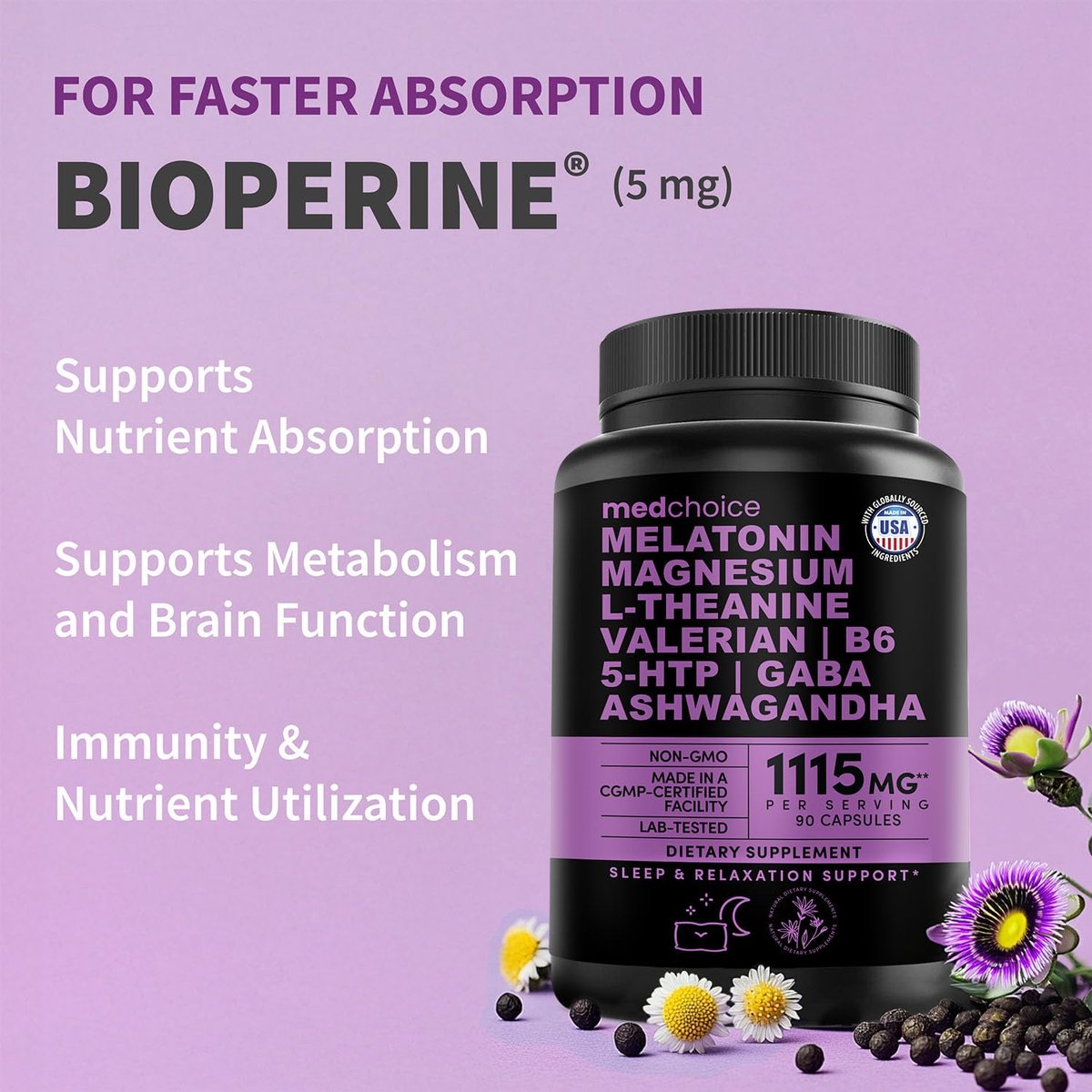 12-in-1 Melatonin Schlafkapseln - Natürliche Schlafhilfe für Erwachsene mit Melatonin 5mg und Magnesiumglycinat 500mg, Schlafmittel mit Ashwagandha, L-Theanin, Baldrianwurzel, GABA, 5-HTP (90 Kapseln, Packung mit 1)