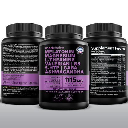 12-in-1 Melatonin Schlafkapseln - Natürliche Schlafhilfe für Erwachsene mit Melatonin 5mg und Magnesiumglycinat 500mg, Schlafmittel mit Ashwagandha, L-Theanin, Baldrianwurzel, GABA, 5-HTP (90 Kapseln, Packung mit 1)