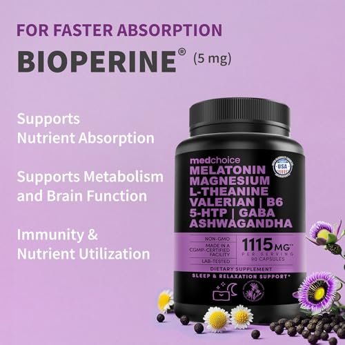 12-in-1 Melatonin Schlafkapseln - Natürliche Schlafhilfe für Erwachsene mit Melatonin 5mg und Magnesiumglycinat 500mg, Schlafmittel mit Ashwagandha, L-Theanin, Baldrianwurzel, GABA, 5-HTP (90 Kapseln, Packung mit 1)